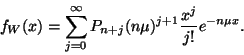 \begin{displaymath}
f_W(x)=\sum_{j=0}^\infty P_{n+j}(n\mu )^{j+1}{x^j \over j!}e^{-n\mu x}.
\end{displaymath}