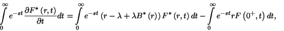\begin{displaymath}
\eqalign{
\int\limits_0^\infty e^{-st}{\partial F^*\left(r...
...r
&-\int\limits_0^\infty e^{-st}rF\left(0^+,t\right)dt ,\cr}
\end{displaymath}