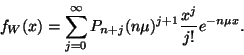 \begin{displaymath}
f_W(x)=\sum_{j=0}^\infty P_{n+j}(n\mu )^{j+1}{x^j \over j!}e^{-n\mu x}.
\end{displaymath}